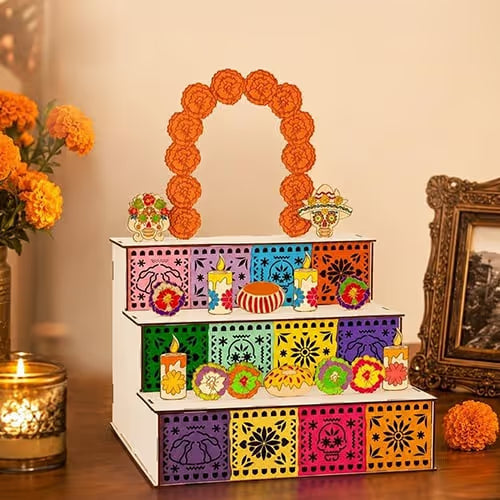 3-Tier Día de los Muertos Wooden Altar Display Stand