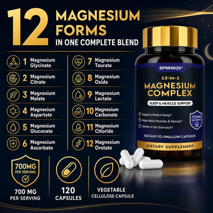 SPNHKQV Magnesium 12-in-1 Complex Supplement – 700mg High Absorption Magnesium Glycinate Capsules for Women & Men – Muscle, Nerve & Sleep Support – 120 Vegan Capsules