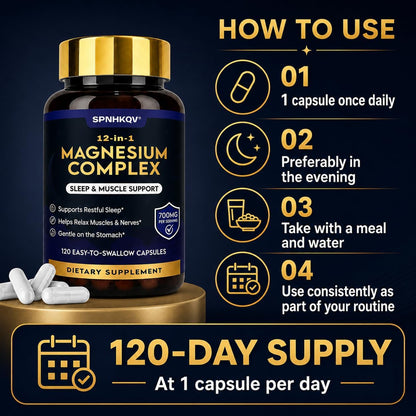 SPNHKQV Magnesium 12-in-1 Complex Supplement – 700mg High Absorption Magnesium Glycinate Capsules for Women & Men – Muscle, Nerve & Sleep Support – 120 Vegan Capsules
