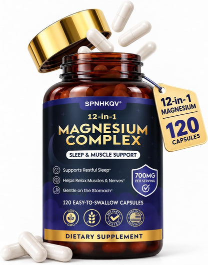 SPNHKQV Magnesium 12-in-1 Complex Supplement – 700mg High Absorption Magnesium Glycinate Capsules for Women & Men – Muscle, Nerve & Sleep Support – 120 Vegan Capsules