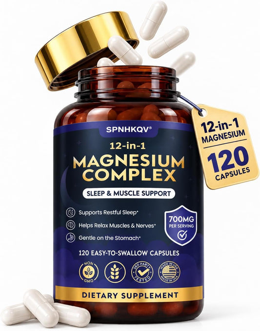 SPNHKQV Magnesium 12-in-1 Complex Supplement – 700mg High Absorption Magnesium Glycinate Capsules for Women & Men – Muscle, Nerve & Sleep Support – 120 Vegan Capsules