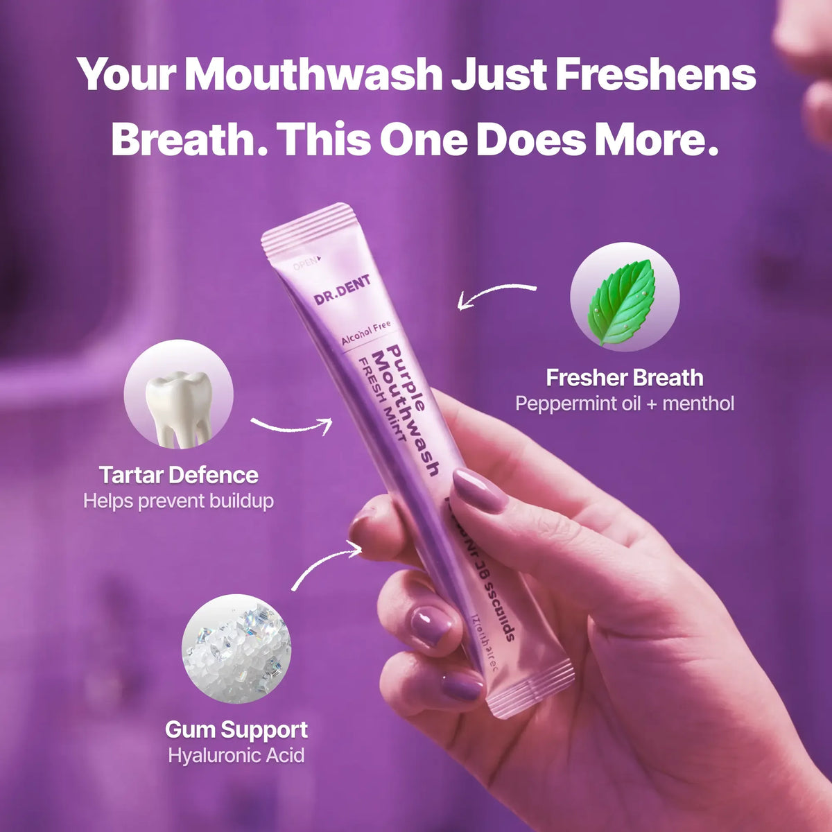 🦷✨DR.DENT Purple Mouthwash - Sachets 20 Pack - Peroxide-Free - Alcohol Free - Vegan Mint✨Makes Your Smile Look Brighter In Just 30 Seconds