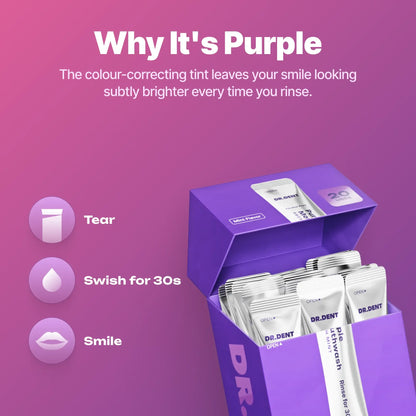 🦷✨DR.DENT Purple Mouthwash - Sachets 20 Pack - Peroxide-Free - Alcohol Free - Vegan Mint✨Makes Your Smile Look Brighter In Just 30 Seconds